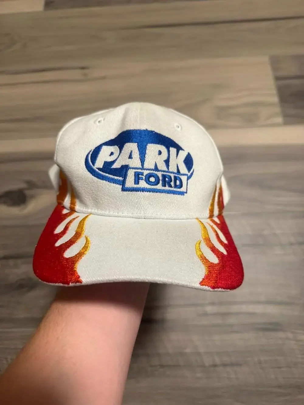 Vintage Park Ford Flames Embroidered White Hat Cap Strapback Nissin Cap